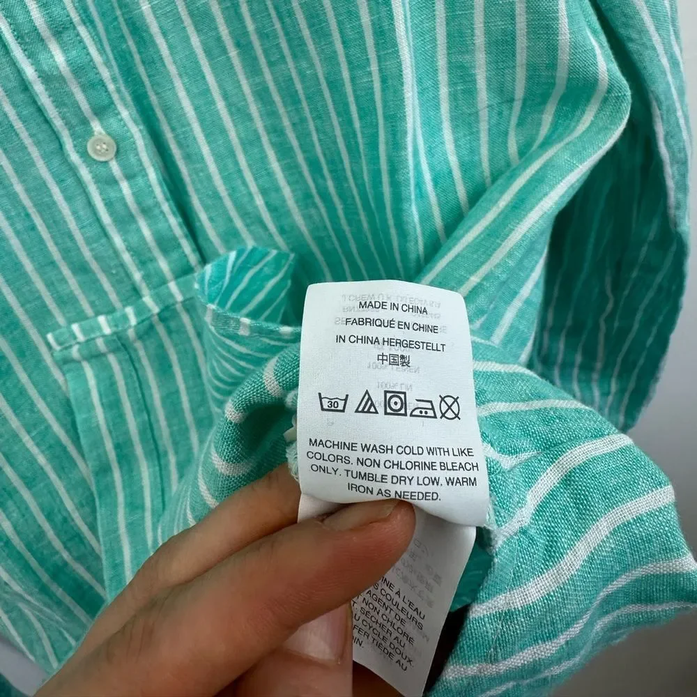 Baird McNutt J. Crew Green Striped Irish Linen Shirt Perfect Fit Size 4T - Picture 7 of 8